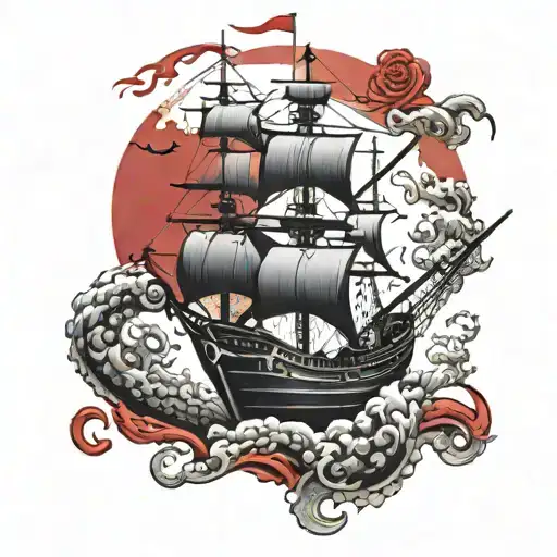 black pearl ship around red dargon  tattoo design idea