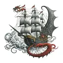 black pearl ship around red dargon  tattoo design idea