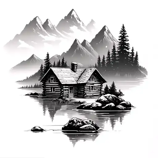 Cozy Log Cabin On The Water And Mountains  tattoo design idea