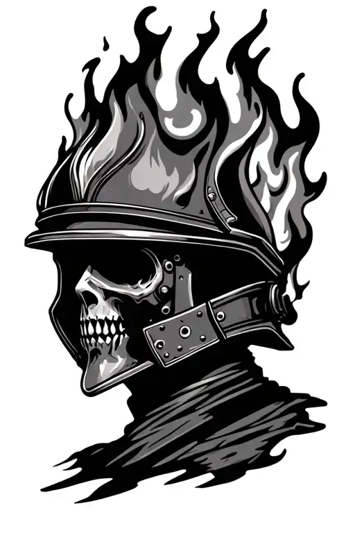 fire helmet engulfed in flames tattoo design idea