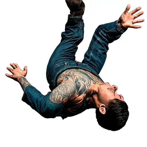 A man in mid‑air freefall with his head tilted back, his face obscured—but his body language unmistakably showing a conf tattoo design idea