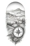 edges that fade and blend softly, italian tuscany landscape with trees, flowers and a compass  tattoo design idea
