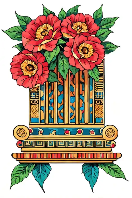simple Egyptian column pillar topped with huge flowers pomegranate tattoo design idea