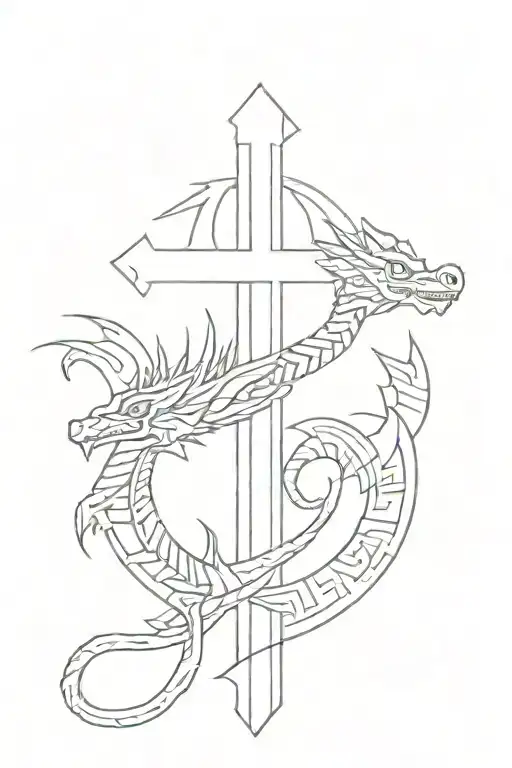 small cross with Aztec dragon wrapped tattoo design idea