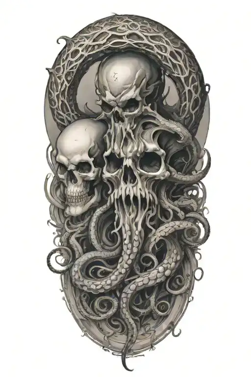 A black and grey tattoo of a malevolent kraken overtaking a skull with its massive tentacles  tattoo design idea