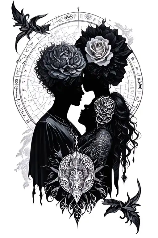 Gothic Couples tattoo using zodiac signs tattoo design idea