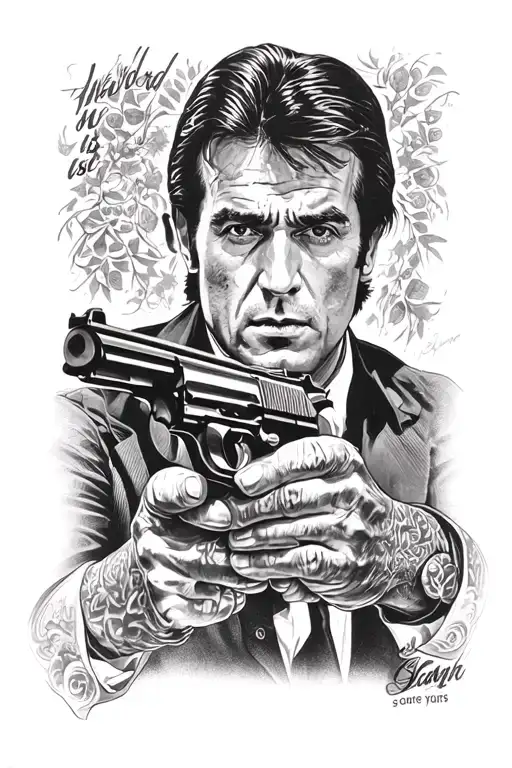 Scarface "The world is yours" tony montana al pacino with a gun in hands tattoo design idea