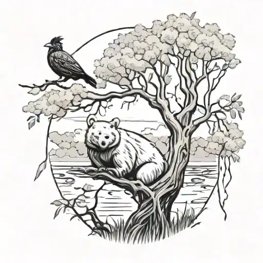 bear, weeping willow, stream, two cardinals and one dove in the tree tattoo design idea