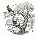 bear, weeping willow, stream, two cardinals and one dove in the tree tattoo design idea