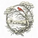 bear, weeping willow, stream, two cardinals and one dove in the tree tattoo design idea