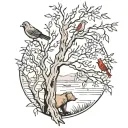 bear, weeping willow, stream, two cardinals and one dove in the tree tattoo design idea