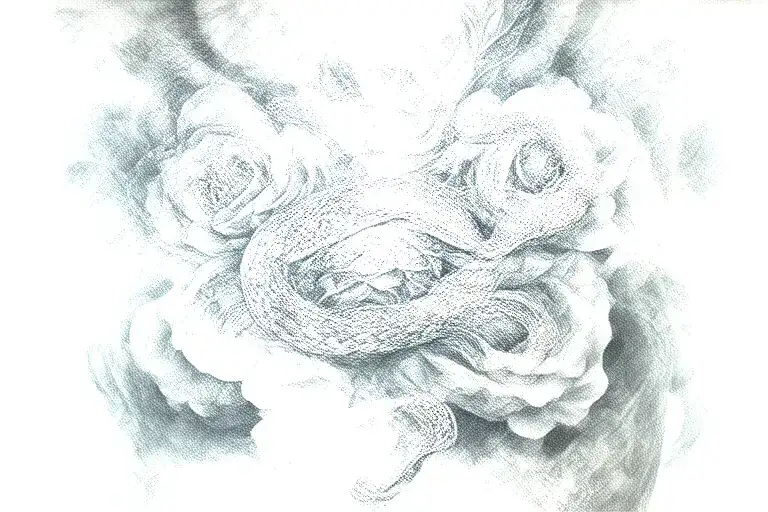 laugh now cry later smoke fillled chest with roses and snake  tattoo design idea