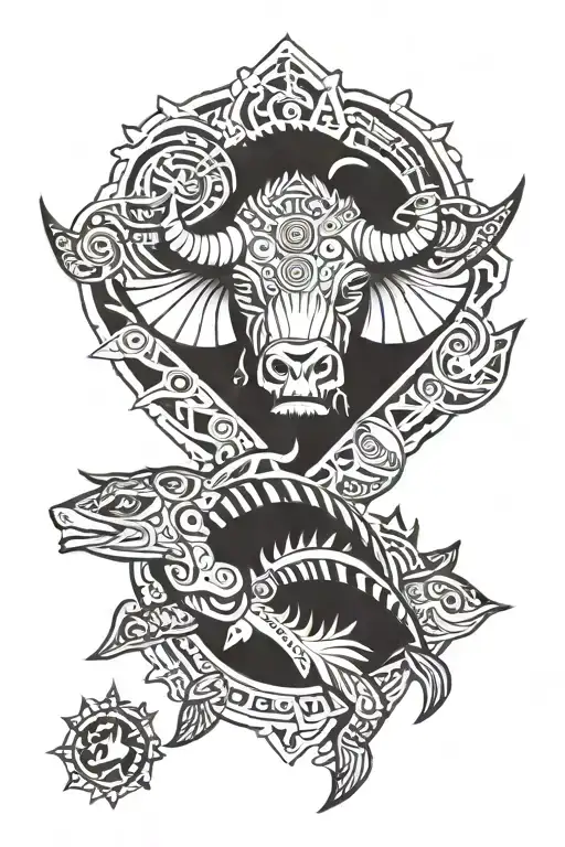 A tribal tattoo containing a buffalo, a pheasant, a mammoth, a turtle shell, a shark and a crash bandicoot tnt box tattoo design idea