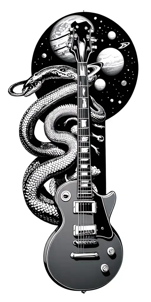 Les Paul guitar with snake and lizard wrapped, and planets orbiting tattoo design idea
