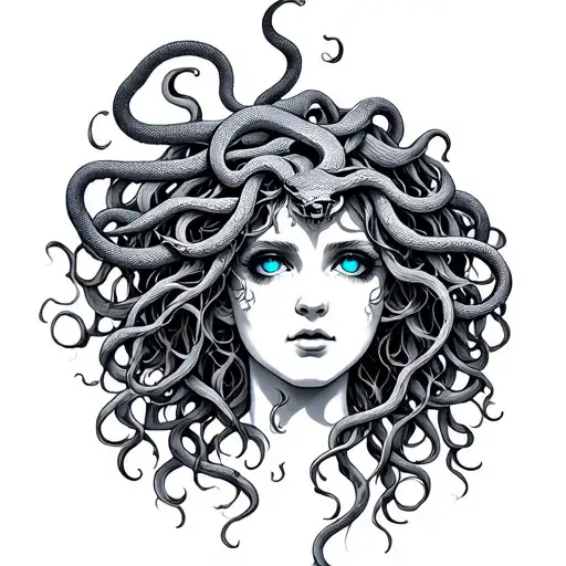 Medusa with snake hair and blue eyes tattoo design idea