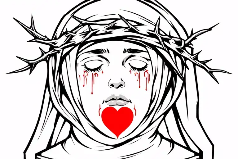 nun crying with a thorn crown on head and sacred heart under tattoo design idea