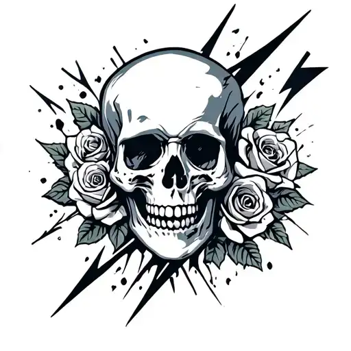 Lightning Bolt smashing a skull and roses blooming tattoo design idea