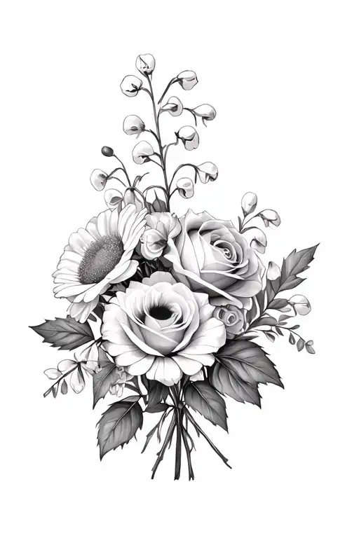 flower bouquet rose honeysuckle violet primrose lily of the valley Hawthorn narcissus holly daisy sweet pea carnation  tattoo design idea