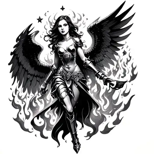 female angle knight multiple wings spread wide, dancing flames around it, stars all around with faces on them. tattoo design idea