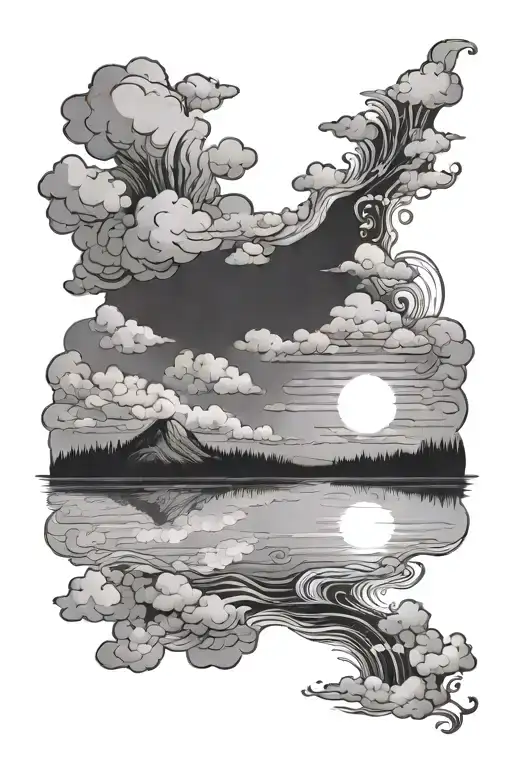 Clouds weaving over lake tattoo design idea