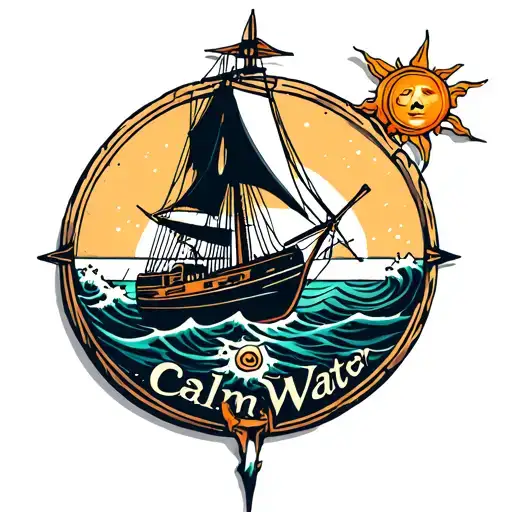 "Calm Water" A sailor Jerry inspired compass and sailboat with waves and sun tattoo design idea