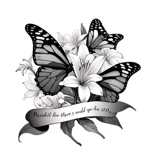 shoulder tattoos using lilys and butterflies with the bible verse proverbs 31:30 tattoo design idea