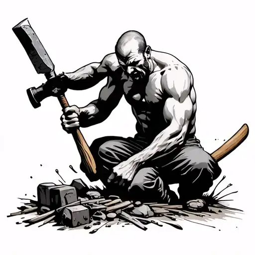 a man struggling to remake himself with a chisel and a hammer. tattoo design idea