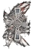 Celtic cross intertwined with American flag waving tattoo design idea