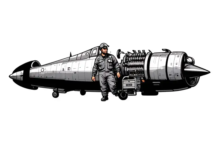 Design a man wearing an aircraft technician uniform, carrying a toolbox, with an aircraft engine as his head. He should  tattoo design idea