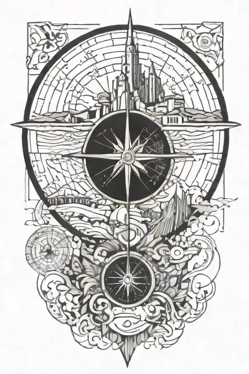 tattoo featuring italian landscape, compass, globe tattoo design idea