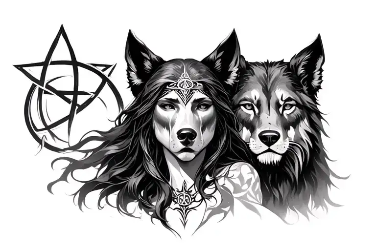 three-faced goddess Hecate but each face is replace by an animal's (bear-wolf-lioness); add the triquetra symbol and the tattoo design idea