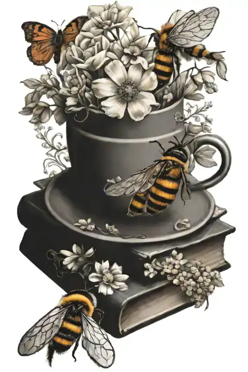 floral with books a bee and a teacup with muted colours tattoo design idea