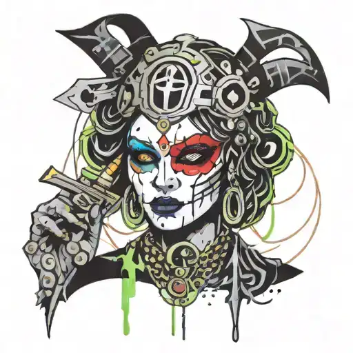  a juggalette with intricate face paint and a hatchet necklace tattoo design idea