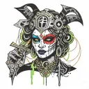  a juggalette with intricate face paint and a hatchet necklace tattoo design idea