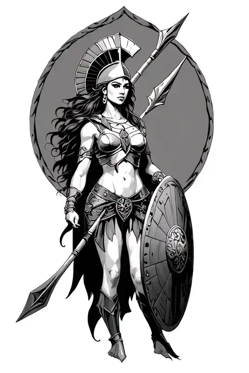 ares as a female spartan with spear and shield adorned tattoo design idea