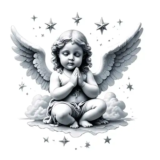 porcelain angel baby kneeling praying with stars and clouds but the angel has cracks tattoo design idea