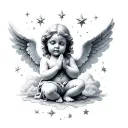 porcelain angel baby kneeling praying with stars and clouds but the angel has cracks tattoo design idea