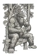 bigfoot wearing fitted hat backwards listening to headphones sitting next to tree with music notes coming from headphone tattoo design idea