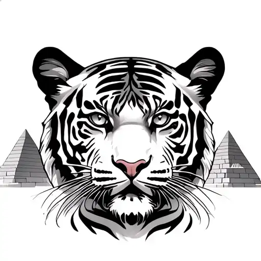 black & white tiger face with colured eyes with pyramids and egyptian gods tattoo design idea