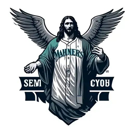 SEAHAWKS BELOW JESUS IN A SEATTLE MARINERS JERSEY tattoo design idea