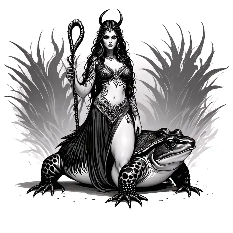 deamon woman standing on toad tattoo design idea