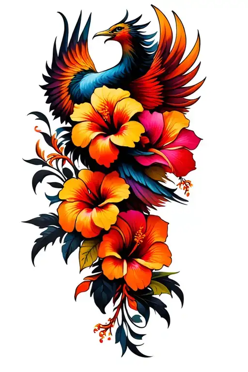 psychedelic hibiscus flowers and phoenix tattoo design idea