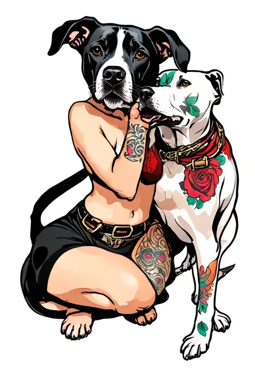 prostitute holdingl leash and pitbull while making shh motion tattoo design idea
