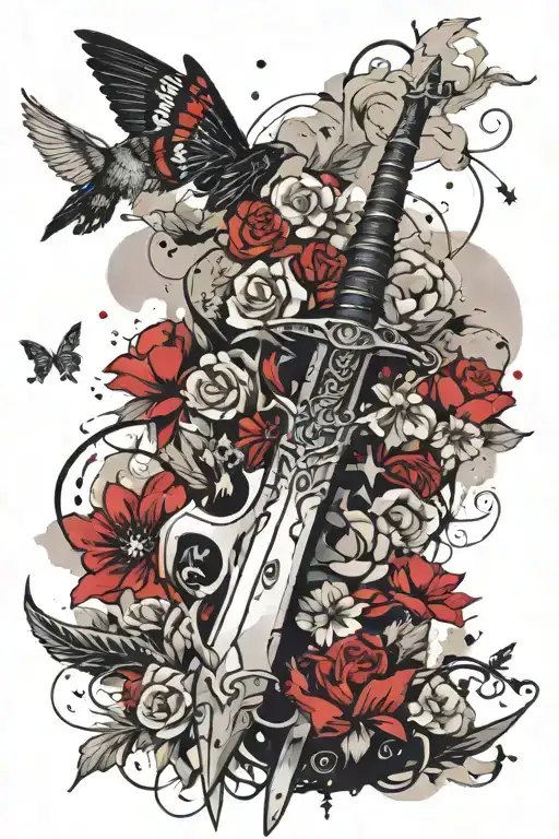 sword surrounded by flowers and whispy clouds, with bird, stars, and butterflies around  tattoo design idea
