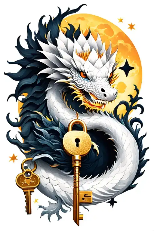 key and lock; white and black dragon, lotus, moon, stars and sun. all together  tattoo design idea