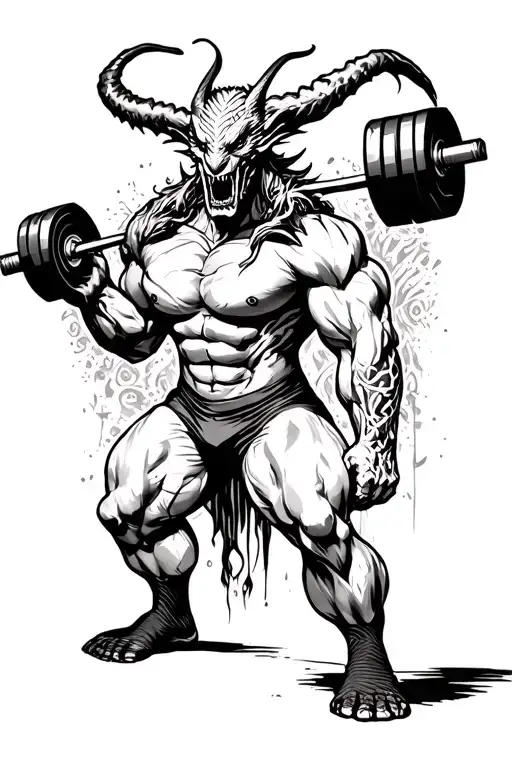 demon and powerlifting figure lifting weights tattoo design idea