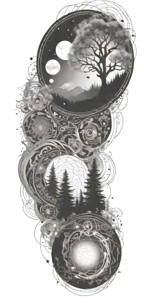flowing waves, surrounded by a mystical forest scene, with subtle elements of sacred geometry and glowing stars in b&w tattoo design idea