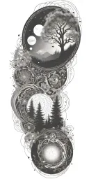 flowing waves, surrounded by a mystical forest scene, with subtle elements of sacred geometry and glowing stars in b&w tattoo design idea