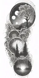 flowing waves, surrounded by a mystical forest scene, with subtle elements of sacred geometry and glowing stars in b&w tattoo design idea