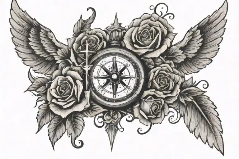 cross, wings, script, roses, compass tattoo design idea